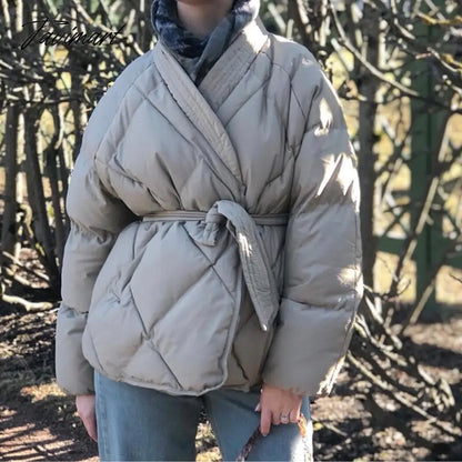 Winter Thick Warm High Quality Argyle Parka with Belt Fashion Office Ladies Khaki Jacket Coat Women‘s Casual Solid Outwear