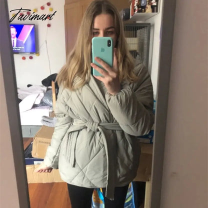 Winter Thick Warm High Quality Argyle Parka with Belt Fashion Office Ladies Khaki Jacket Coat Women‘s Casual Solid Outwear