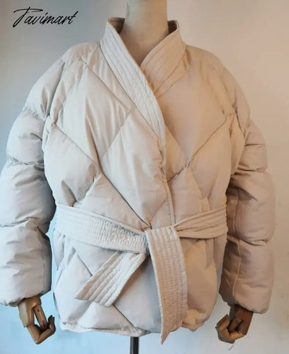 Winter Thick Warm High Quality Argyle Parka with Belt Fashion Office Ladies Khaki Jacket Coat Women‘s Casual Solid Outwear
