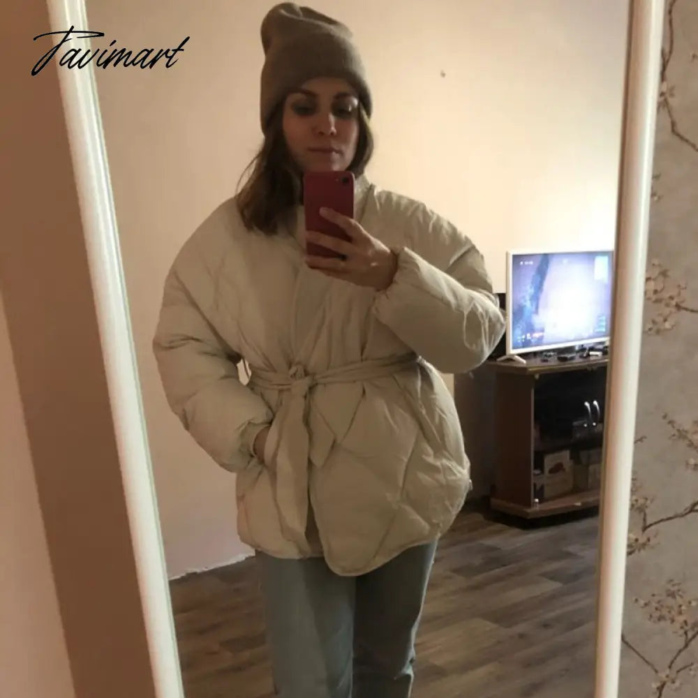 Winter Thick Warm High Quality Argyle Parka with Belt Fashion Office Ladies Khaki Jacket Coat Women‘s Casual Solid Outwear