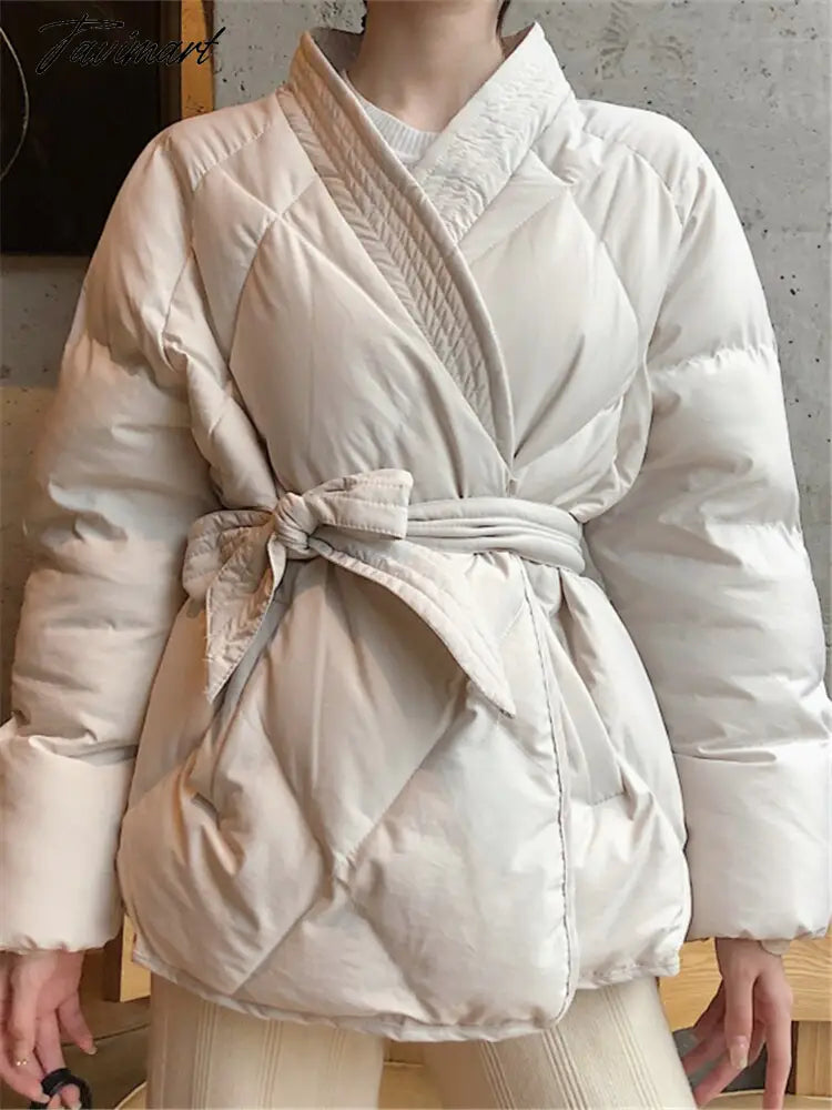 Winter Thick Warm High Quality Argyle Parka with Belt Fashion Office Ladies Khaki Jacket Coat Women‘s Casual Solid Outwear