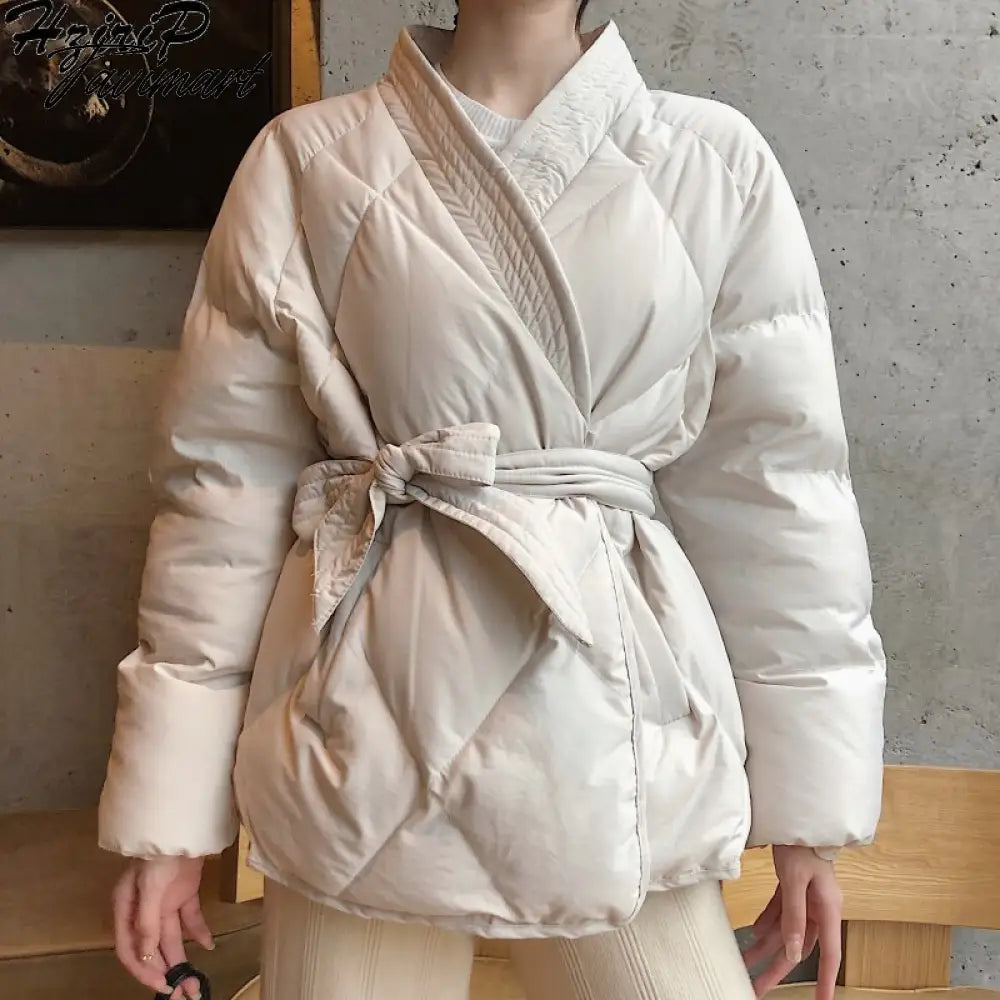 Winter Thick Warm High Quality Argyle Parka with Belt Fashion Office Ladies Khaki Jacket Coat Women‘s Casual Solid Outwear