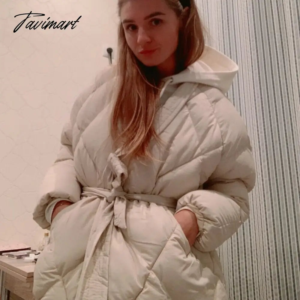 Winter Thick Warm High Quality Argyle Parka with Belt Fashion Office Ladies Khaki Jacket Coat Women‘s Casual Solid Outwear