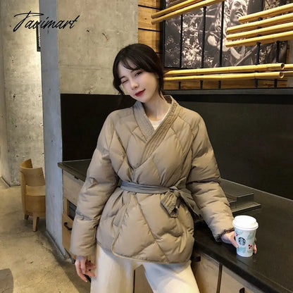 Winter Thick Warm High Quality Argyle Parka with Belt Fashion Office Ladies Khaki Jacket Coat Women‘s Casual Solid Outwear