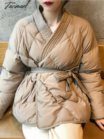 Winter Thick Warm High Quality Argyle Parka with Belt Fashion Office Ladies Khaki Jacket Coat Women‘s Casual Solid Outwear