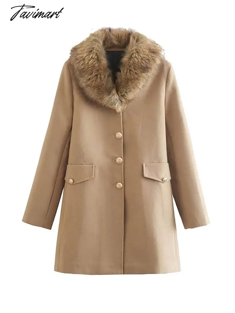 Winter Women Elegant Wool Jacket Coat Female Big Fur Collar Woolen Blend Coats Ladies Fashion Long Outwear Overcoats
