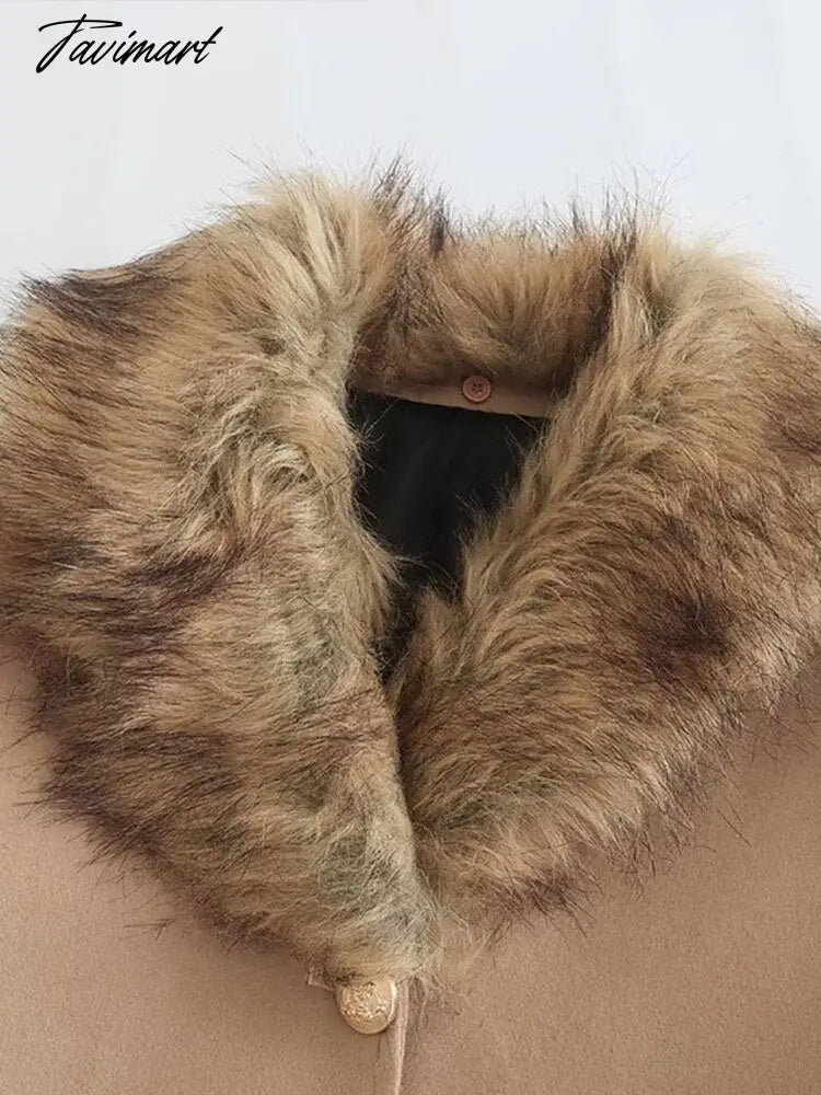Winter Women Elegant Wool Jacket Coat Female Big Fur Collar Woolen Blend Coats Ladies Fashion Long Outwear Overcoats