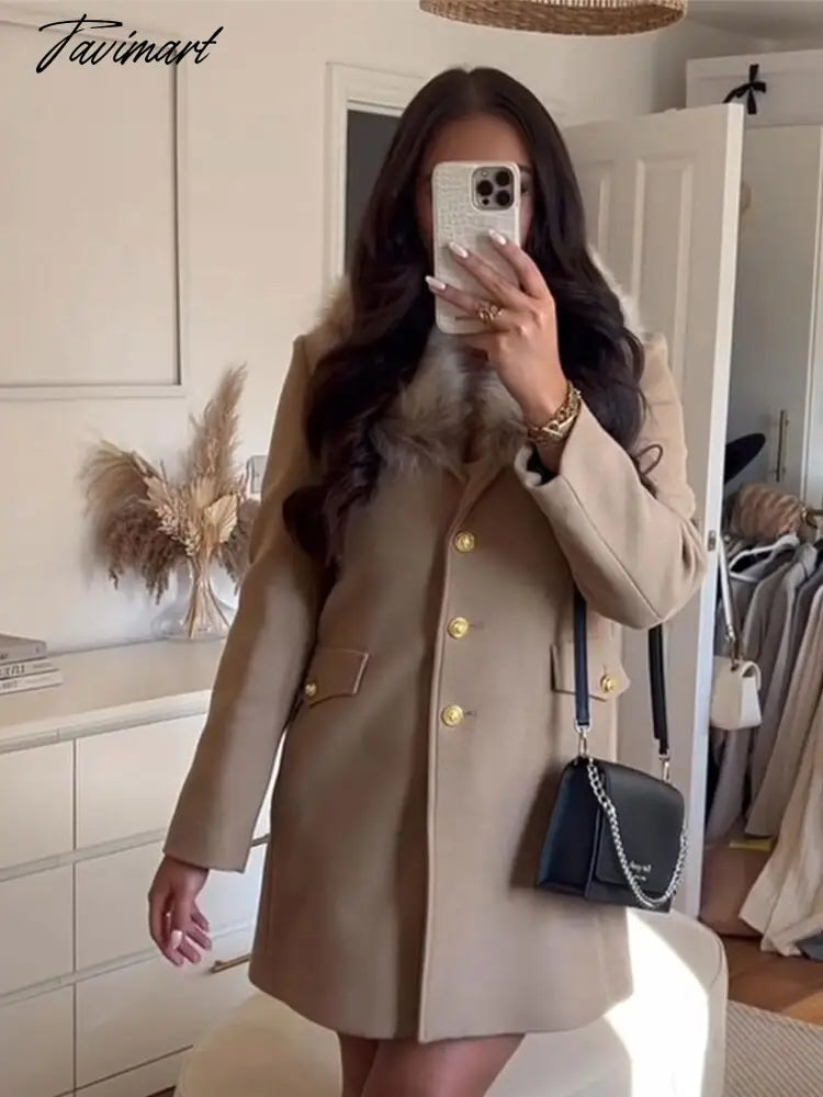 Winter Women Elegant Wool Jacket Coat Female Big Fur Collar Woolen Blend Coats Ladies Fashion Long Outwear Overcoats