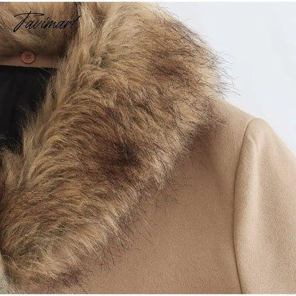 Winter Women Elegant Wool Jacket Coat Female Big Fur Collar Woolen Blend Coats Ladies Fashion Long Outwear Overcoats