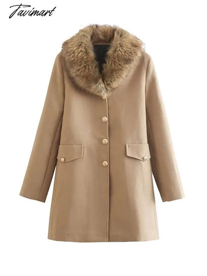 Winter Women Elegant Wool Jacket Coat Female Big Fur Collar Woolen Blend Coats Ladies Fashion Long Outwear Overcoats