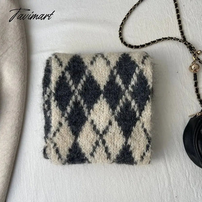 Winter Wool Blended Rhomboid Lattice Scarf Women Checkered Scarf Knitted Versatile Korean Edition Japanese 180*35cm Long Scarf