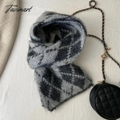 Winter Wool Blended Rhomboid Lattice Scarf Women Checkered Scarf Knitted Versatile Korean Edition Japanese 180*35cm Long Scarf
