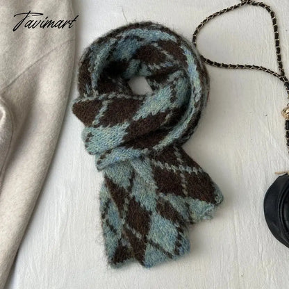 Winter Wool Blended Rhomboid Lattice Scarf Women Checkered Scarf Knitted Versatile Korean Edition Japanese 180*35cm Long Scarf