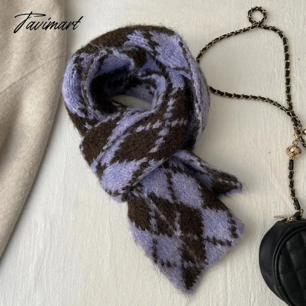 Winter Wool Blended Rhomboid Lattice Scarf Women Checkered Scarf Knitted Versatile Korean Edition Japanese 180*35cm Long Scarf