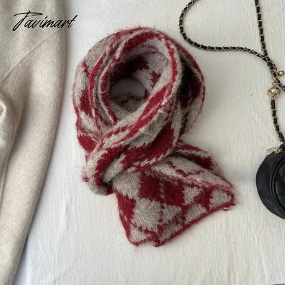 Winter Wool Blended Rhomboid Lattice Scarf Women Checkered Scarf Knitted Versatile Korean Edition Japanese 180*35cm Long Scarf