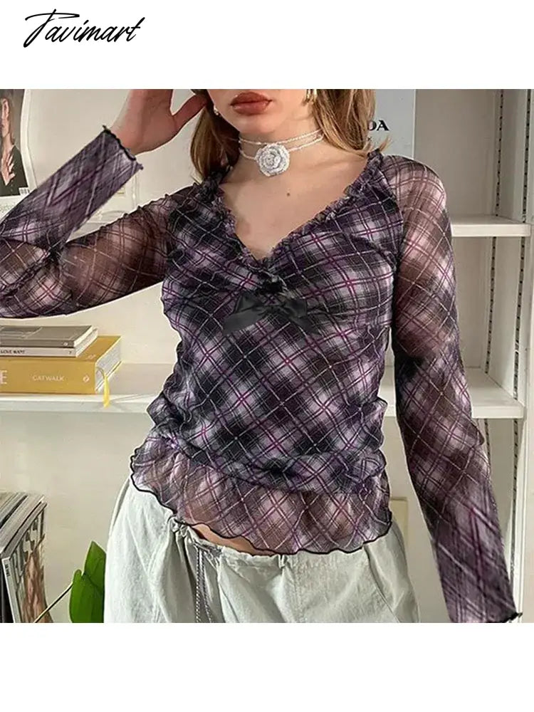 Woman Knit Crochet Gauze T-Shirts V Neck Mesh Long Sleeve Tees Casual Tops Plaid Pleated Elegant Crop Korean Top Fashion Ins