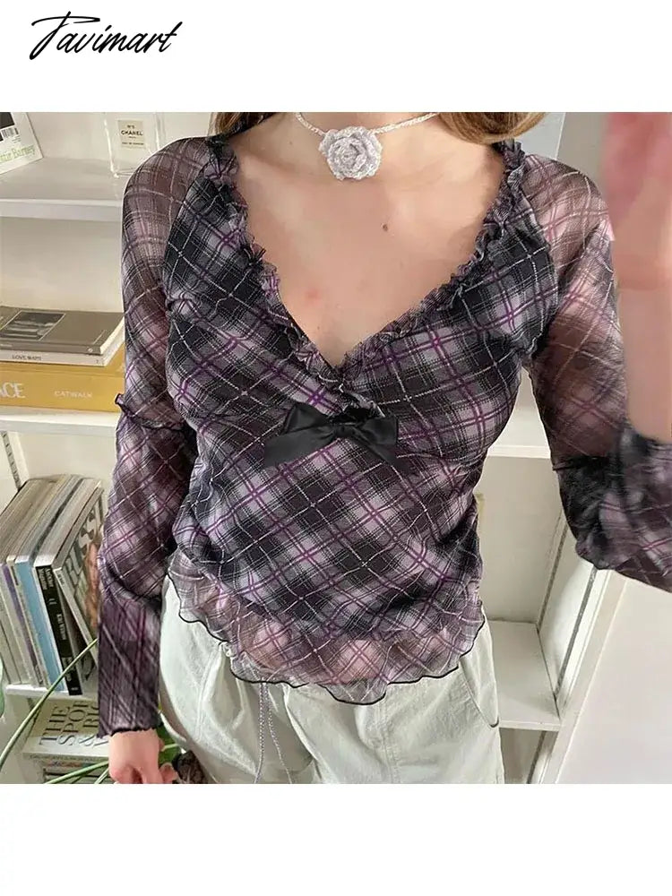 Woman Knit Crochet Gauze T-Shirts V Neck Mesh Long Sleeve Tees Casual Tops Plaid Pleated Elegant Crop Korean Top Fashion Ins