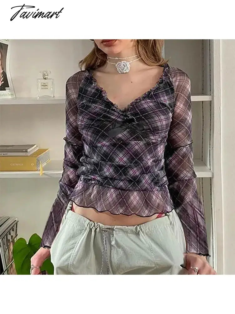 Woman Knit Crochet Gauze T-Shirts V Neck Mesh Long Sleeve Tees Casual Tops Plaid Pleated Elegant Crop Korean Top Fashion Ins