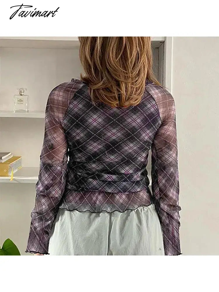Woman Knit Crochet Gauze T-Shirts V Neck Mesh Long Sleeve Tees Casual Tops Plaid Pleated Elegant Crop Korean Top Fashion Ins