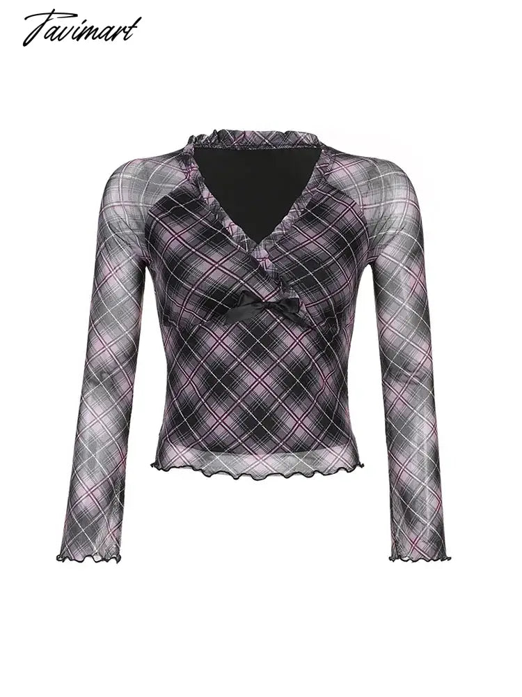 Woman Knit Crochet Gauze T-Shirts V Neck Mesh Long Sleeve Tees Casual Tops Plaid Pleated Elegant Crop Korean Top Fashion Ins
