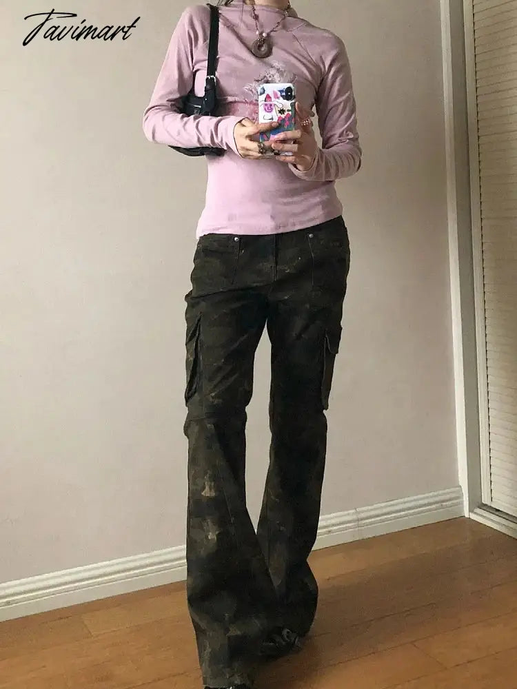 Woman Low Waist Camo Solid Color Jeans Pockets Casual Denim Fashion Pants Elegant Trousers All-match Sweatpants Bell Bottoms