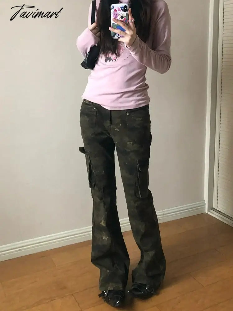 Woman Low Waist Camo Solid Color Jeans Pockets Casual Denim Fashion Pants Elegant Trousers All-match Sweatpants Bell Bottoms
