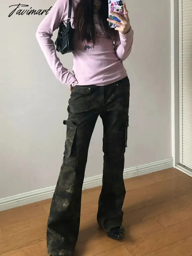 Woman Low Waist Camo Solid Color Jeans Pockets Casual Denim Fashion Pants Elegant Trousers All-match Sweatpants Bell Bottoms