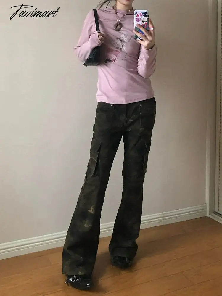 Woman Low Waist Camo Solid Color Jeans Pockets Casual Denim Fashion Pants Elegant Trousers All-match Sweatpants Bell Bottoms