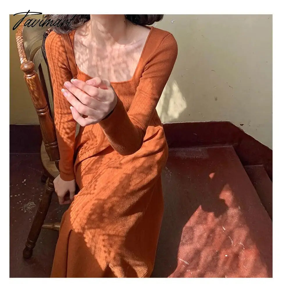 Women Autumn Winter Solid Slim Party Dresses Long-Sleeved Knitted Dress Square Collar Dress Vestido De Mujer Femme Robe