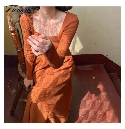 Women Autumn Winter Solid Slim Party Dresses Long-Sleeved Knitted Dress Square Collar Dress Vestido De Mujer Femme Robe