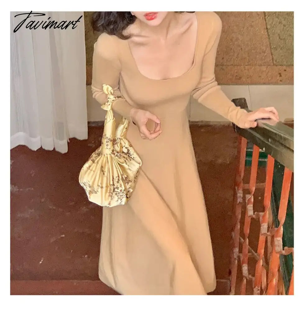 Women Autumn Winter Solid Slim Party Dresses Long-Sleeved Knitted Dress Square Collar Dress Vestido De Mujer Femme Robe