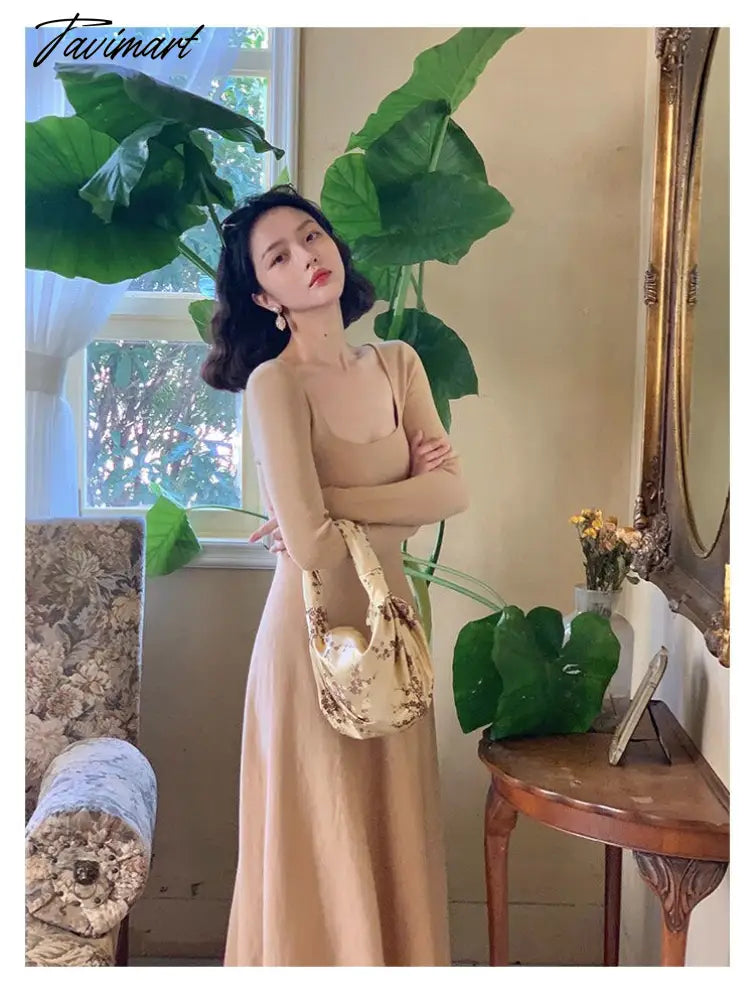 Women Autumn Winter Solid Slim Party Dresses Long-Sleeved Knitted Dress Square Collar Dress Vestido De Mujer Femme Robe