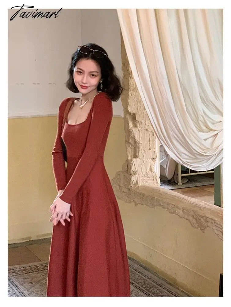 Women Autumn Winter Solid Slim Party Dresses Long-Sleeved Knitted Dress Square Collar Dress Vestido De Mujer Femme Robe
