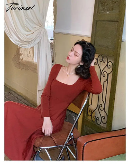 Women Autumn Winter Solid Slim Party Dresses Long-Sleeved Knitted Dress Square Collar Dress Vestido De Mujer Femme Robe