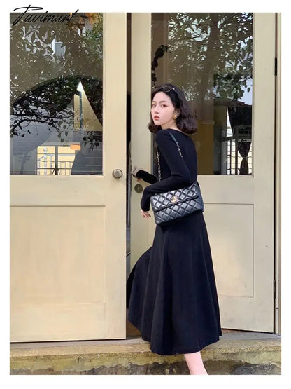 Women Autumn Winter Solid Slim Party Dresses Long-Sleeved Knitted Dress Square Collar Dress Vestido De Mujer Femme Robe
