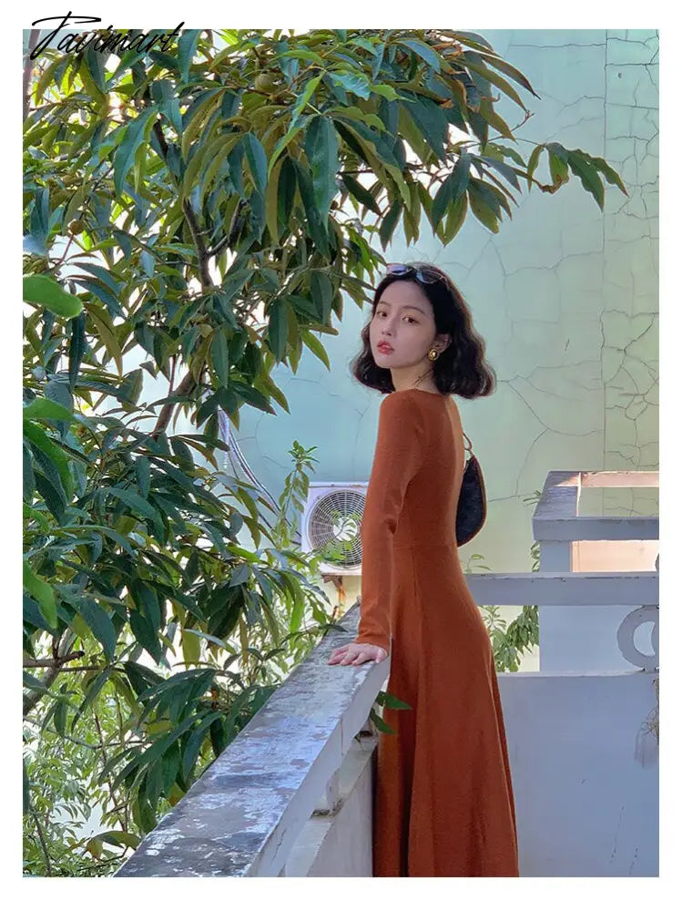Women Autumn Winter Solid Slim Party Dresses Long-Sleeved Knitted Dress Square Collar Dress Vestido De Mujer Femme Robe