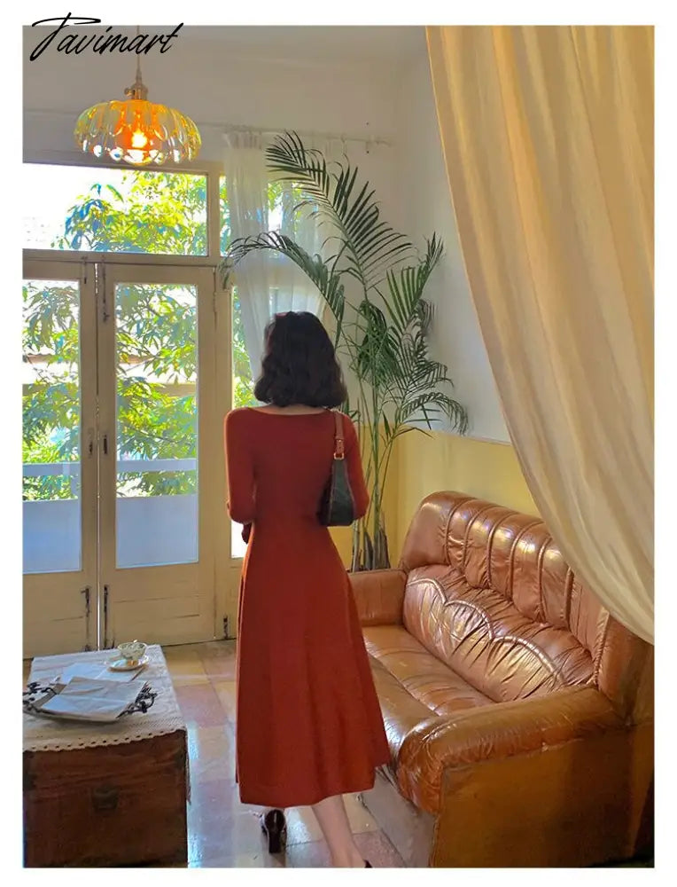 Women Autumn Winter Solid Slim Party Dresses Long-Sleeved Knitted Dress Square Collar Dress Vestido De Mujer Femme Robe