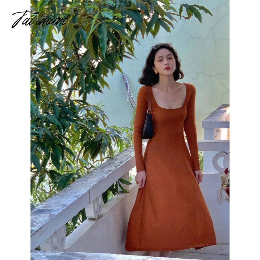 Women Autumn Winter Solid Slim Party Dresses Long-Sleeved Knitted Dress Square Collar Dress Vestido De Mujer Femme Robe