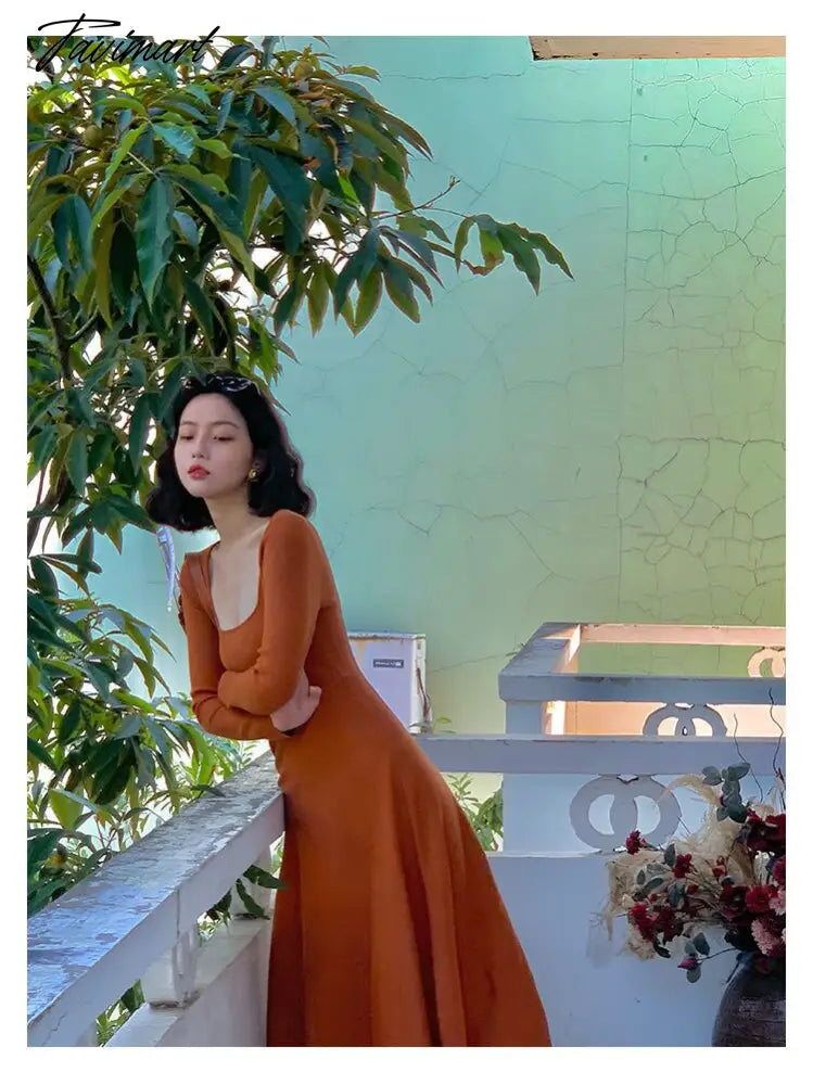 Women Autumn Winter Solid Slim Party Dresses Long-Sleeved Knitted Dress Square Collar Dress Vestido De Mujer Femme Robe