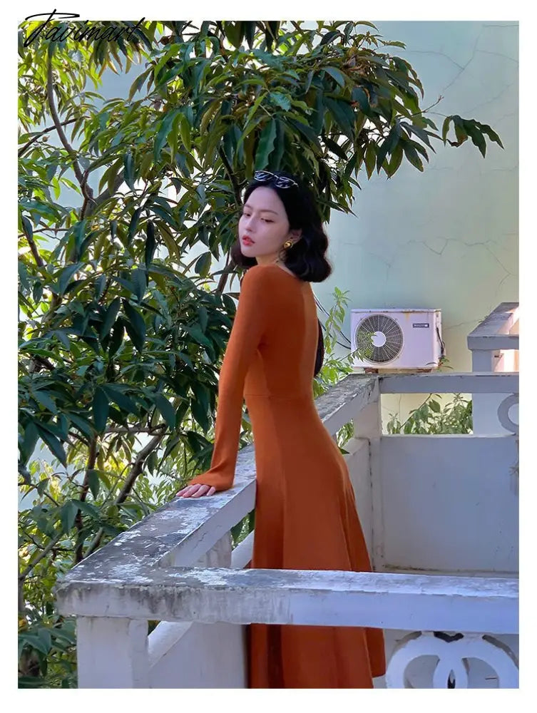 Women Autumn Winter Solid Slim Party Dresses Long-Sleeved Knitted Dress Square Collar Dress Vestido De Mujer Femme Robe