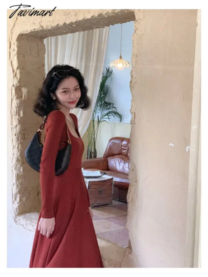 Women Autumn Winter Solid Slim Party Dresses Long-Sleeved Knitted Dress Square Collar Dress Vestido De Mujer Femme Robe