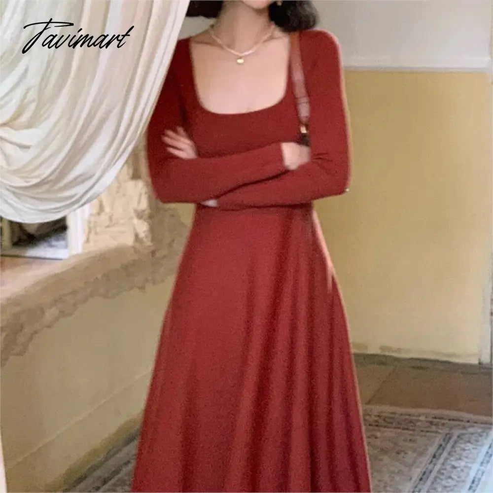 Women Autumn Winter Solid Slim Party Dresses Long-Sleeved Knitted Dress Square Collar Dress Vestido De Mujer Femme Robe