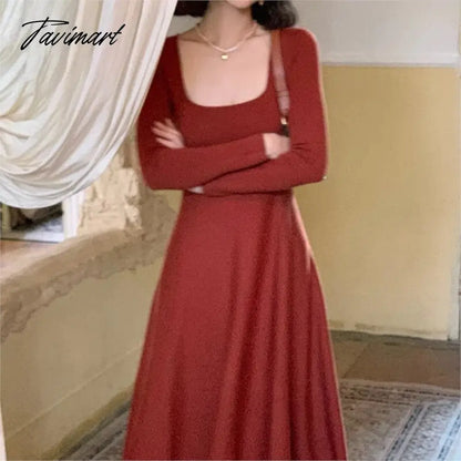 Women Autumn Winter Solid Slim Party Dresses Long-Sleeved Knitted Dress Square Collar Dress Vestido De Mujer Femme Robe
