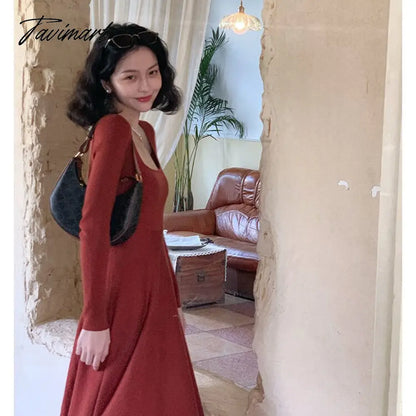 Women Autumn Winter Solid Slim Party Dresses Long-Sleeved Knitted Dress Square Collar Dress Vestido De Mujer Femme Robe