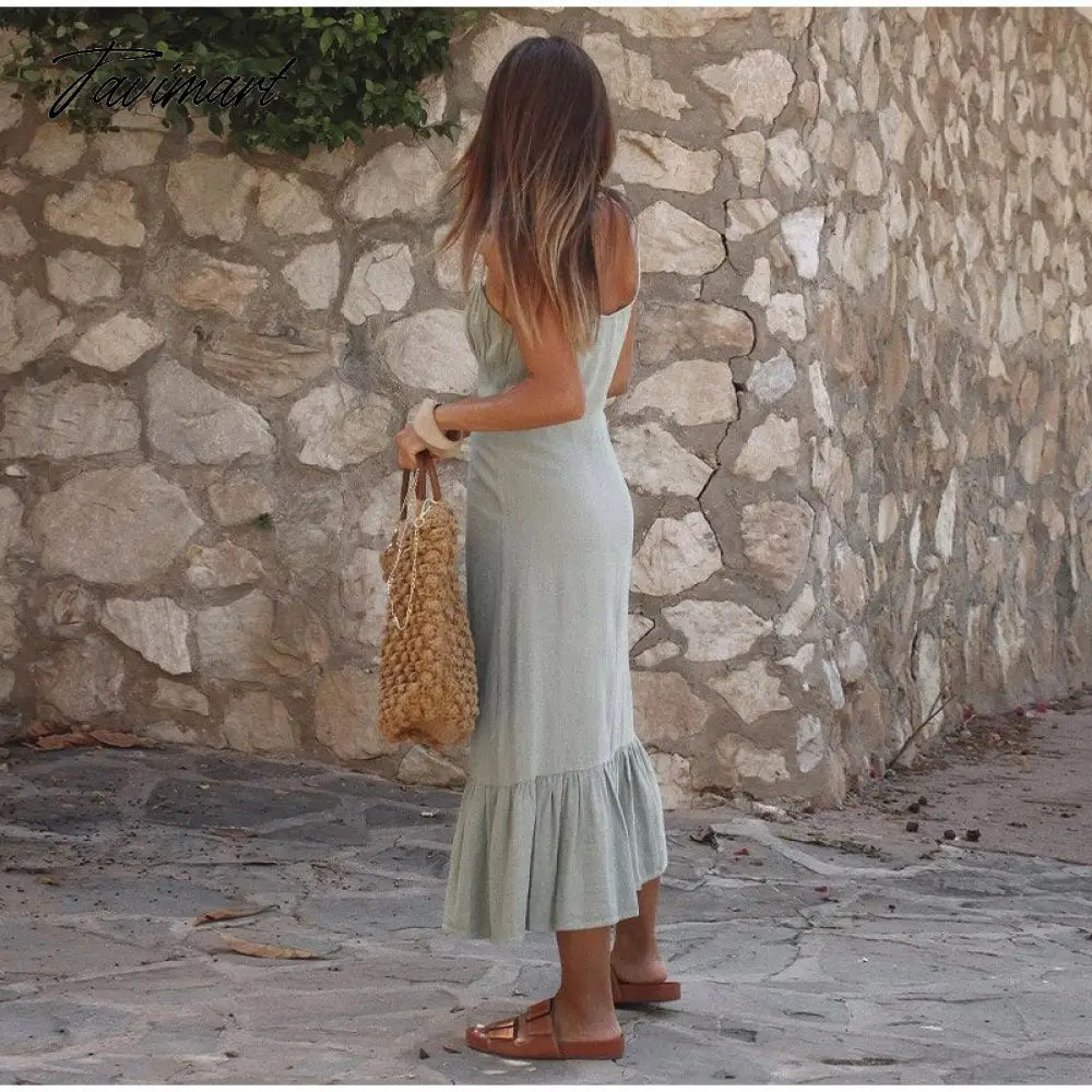 Women Casual Solid Linen Button Midi Dress Fashion Pleated Patchwork Ruffle Camis Dress Summer Elegant Robe Streetwear