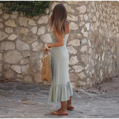 Women Casual Solid Linen Button Midi Dress Fashion Pleated Patchwork Ruffle Camis Dress Summer Elegant Robe Streetwear