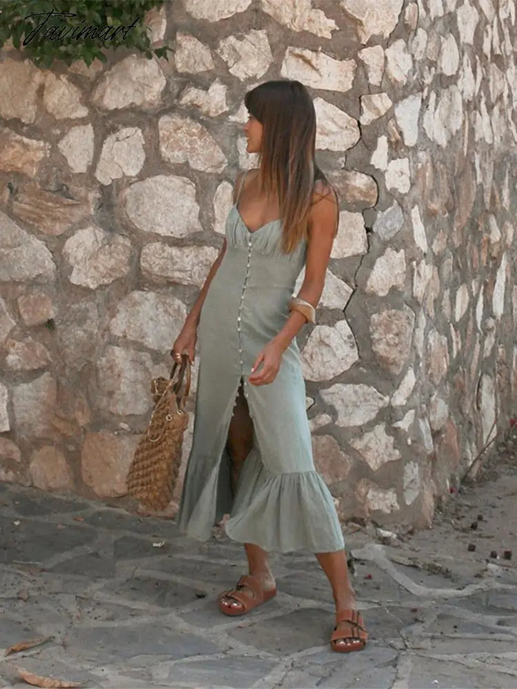 Women Casual Solid Linen Button Midi Dress Fashion Pleated Patchwork Ruffle Camis Dress Summer Elegant Robe Streetwear