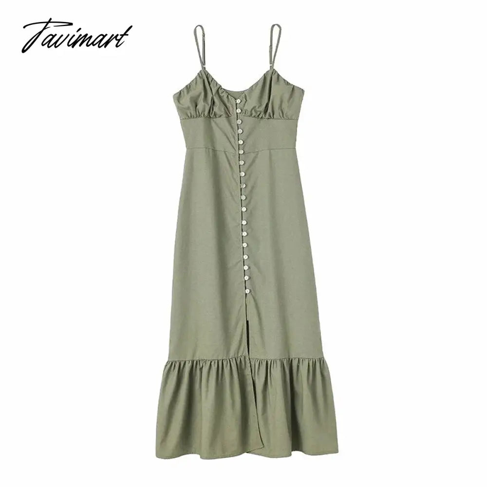 Women Casual Solid Linen Button Midi Dress Fashion Pleated Patchwork Ruffle Camis Dress Summer Elegant Robe Streetwear