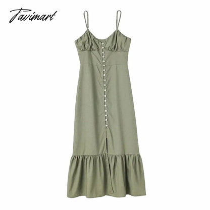 Women Casual Solid Linen Button Midi Dress Fashion Pleated Patchwork Ruffle Camis Dress Summer Elegant Robe Streetwear