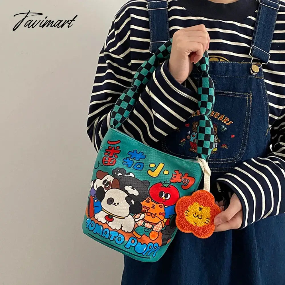 Women Cotton Bucket Shaped Shoulder Bag Magnetic Buckle Tote Female Animal Cartoon Pattern Hand Carry Canvas Bags